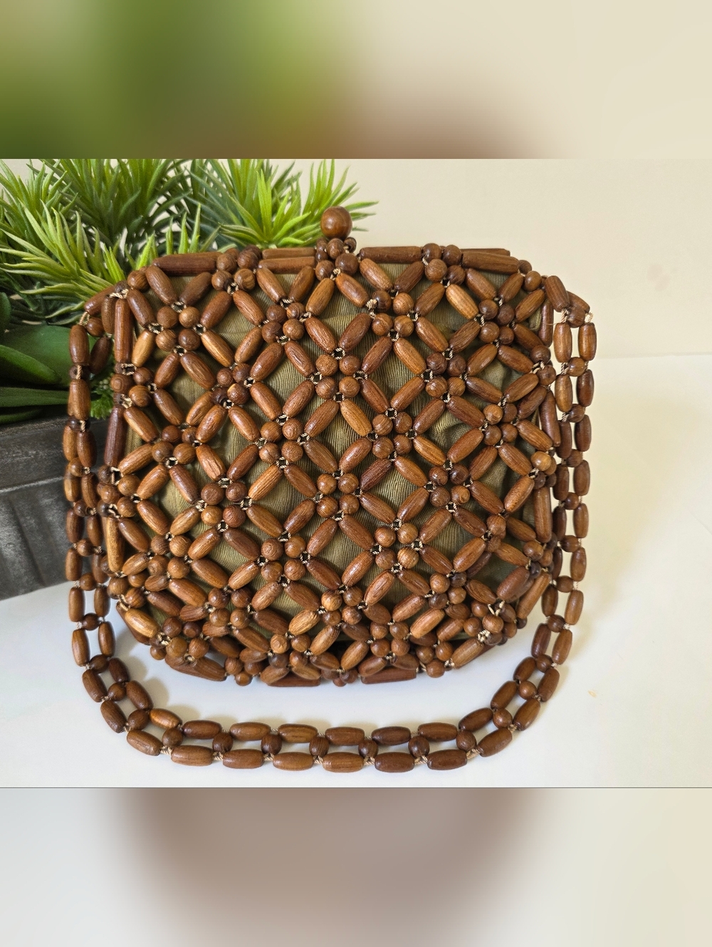 Vintage Wooden Bead Handbag Boho Clutch Purse Y2K Natural Statment Bag